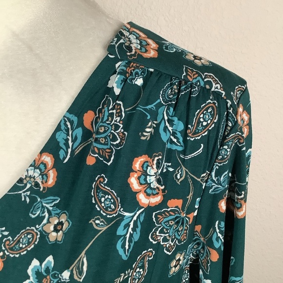 J JILL Wearever Jersey Knit Tunic Dark Green Floral Top 3/4 Sleeve Travel Work L - Picture 3 of 16